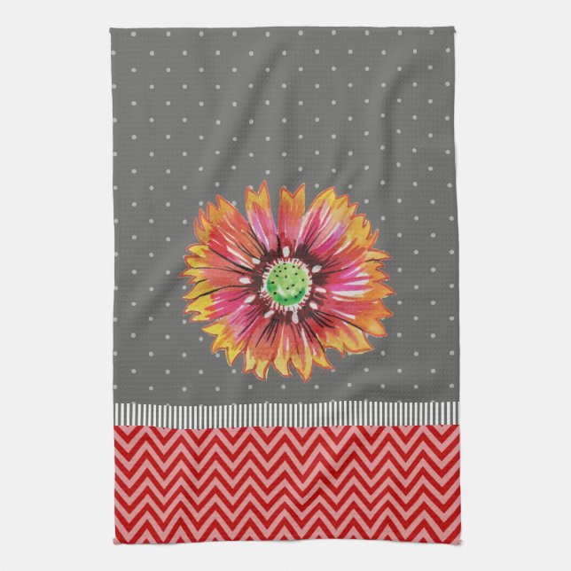 Modern Orange Flower Grey Red Kitchen Towel (Vertical)