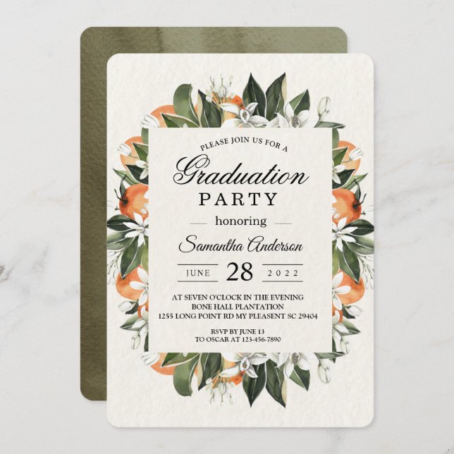 Modern Orange & Flowers Watercolor Frame Invitation (Front/Back)