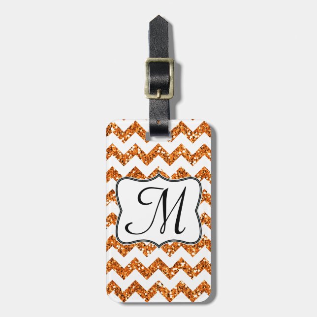 Modern Orange Glitter Chevron Monogram Luggage Tag (Front Vertical)