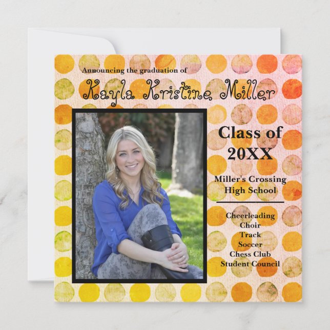 Modern Orange & Gold Dots -Graduation Announcement (Front)