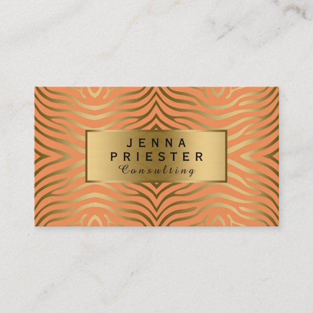 Modern Orange & Gold Zebra Stripes Pattern Business Card (Front)