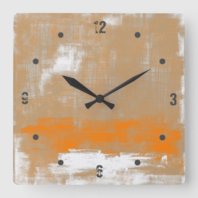 Modern Orange Gray White Abstract Square Wall Clock (Front)