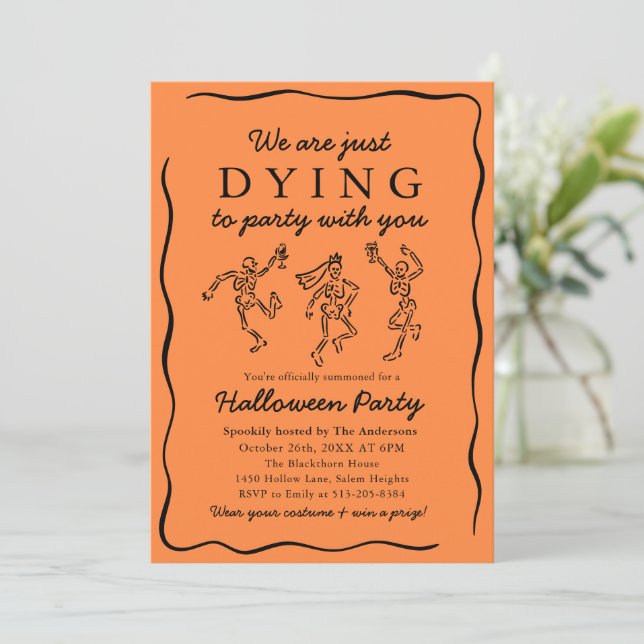 Modern Orange Hand Drawn Skeletons Halloween Party Invitation (Standing Front)