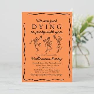 Modern Orange Hand Drawn Skeletons Halloween Party Invitation