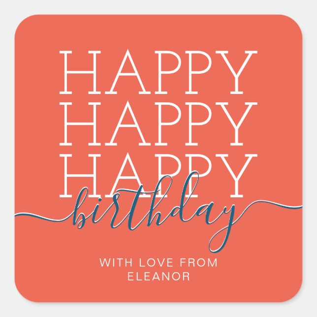 Modern orange Happy Birthday Square Sticker (Front)