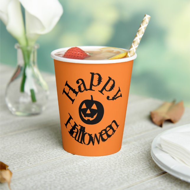 Modern Orange Happy Halloween Pumpkin Paper Cups (Insitu)