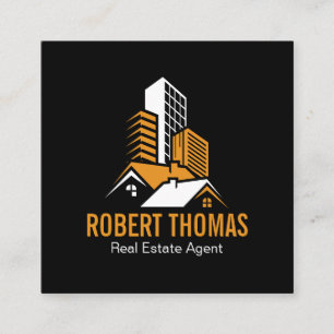 Modern Orange House Roof Logo Real Estate Square Business Card