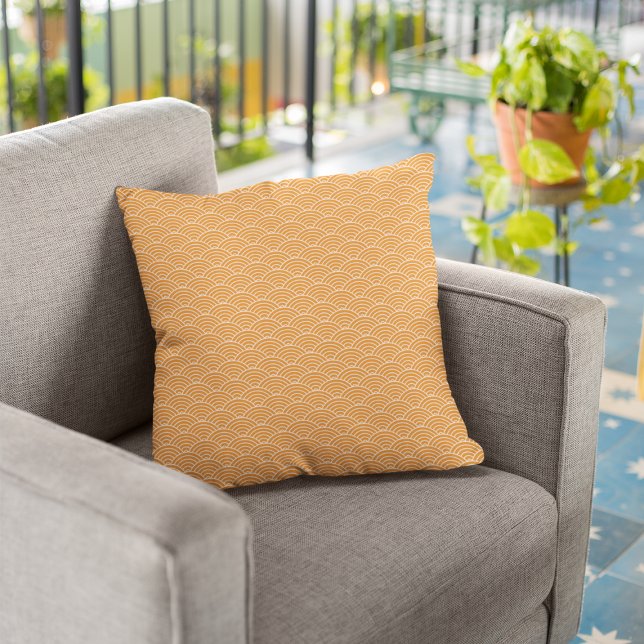 Modern Orange Japanese Wave Geometric Pattern Throw Pillow (Creator Uploaded)