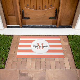 Modern Orange Monogram Script Family Name Doormat