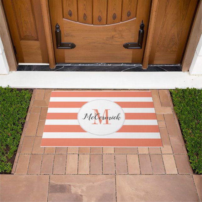 Modern Orange Monogram Script Family Name  Doormat (Outdoor)