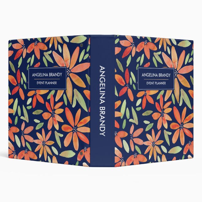 Modern Orange & Navy Blue Floral Botanical Binder (Background)