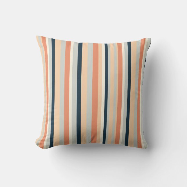 Modern Orange & Navy Vertical Stripe Patterned Outdoor Pillow (Front)