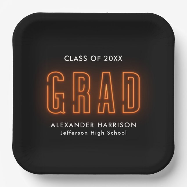 Modern Orange Neon Graduation Paper Plate (Front)
