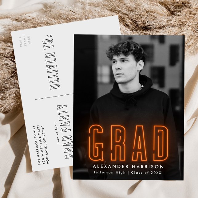 Modern Orange Neon Photo Graduation Party Invitation Postcard (Creator Uploaded)