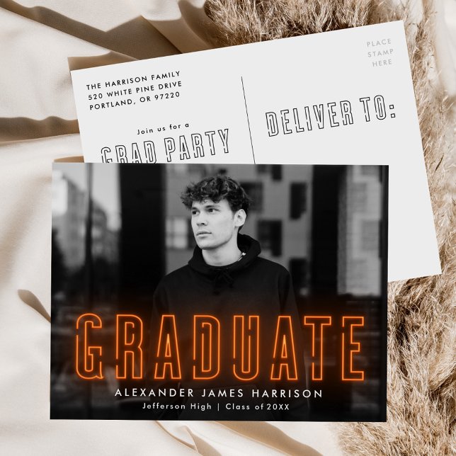 Modern Orange Neon Photo Graduation Party Invitation Postcard (Creator Uploaded)