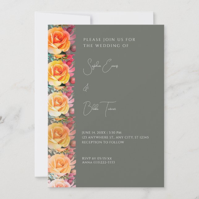 Modern Orange Ombre Roses Green Wedding Invitation (Front)
