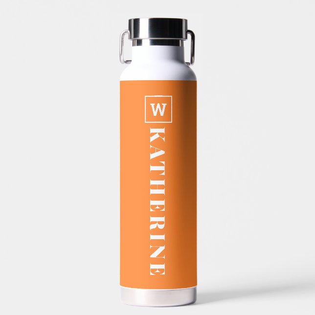 Modern Orange Personalized Name Monogram Simple Water Bottle (Front)