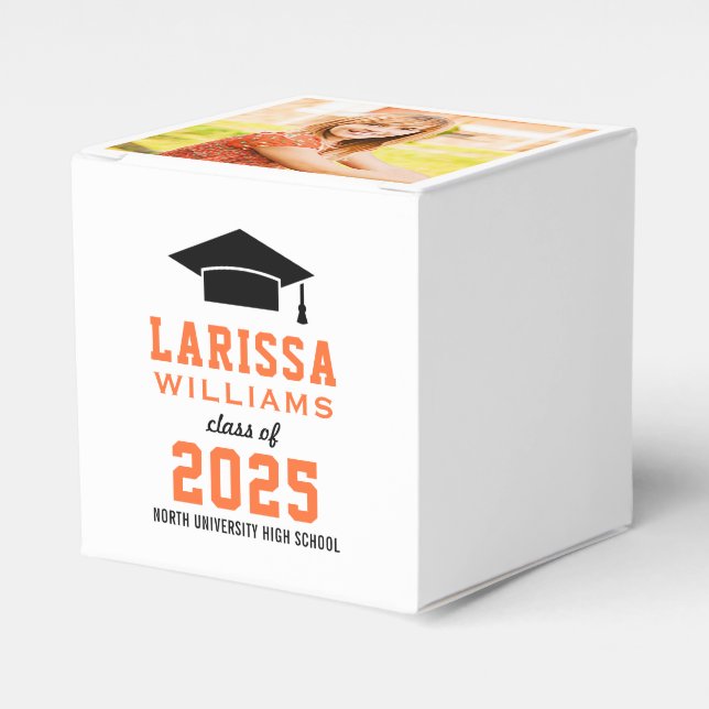 Modern Orange Photo Custom Graduation Party Favor Box (Front Side)