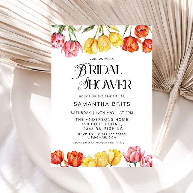 Modern Orange Pink  Tulips Floral Bridal Shower Invitation (Creator Uploaded)