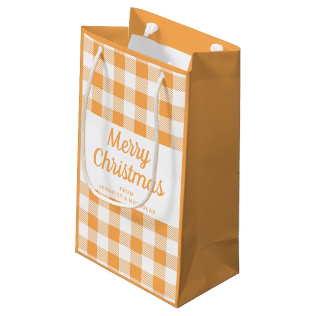 Modern Orange Plaid Christmas Small Gift Bag (Back Angled)