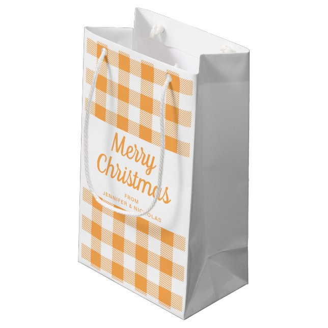 Modern Orange Plaid Christmas Small Gift Bag (Back Angled)