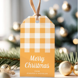 Modern Orange Plaid Merry Christmas Gift Tags