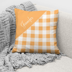 Modern Orange Plaid Script Name Throw Pillow