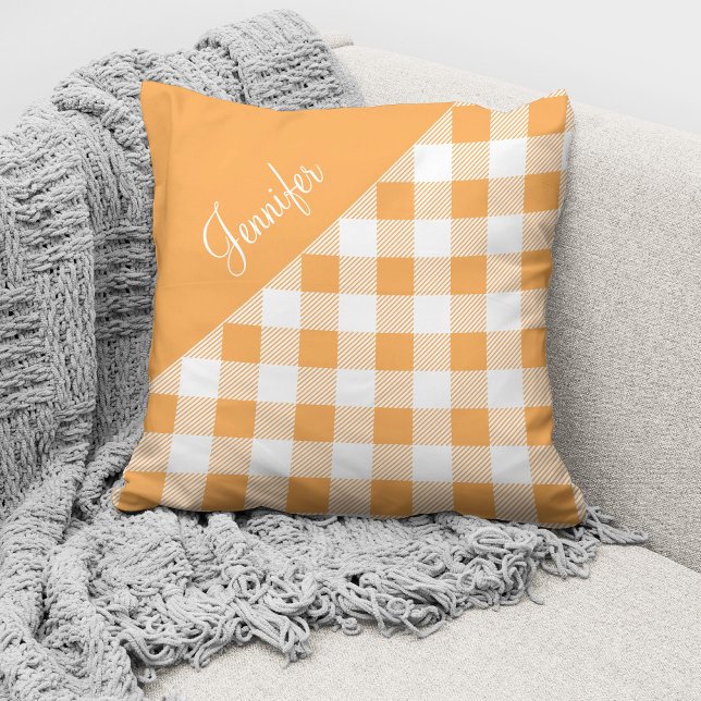 Modern Orange Plaid Script Name Throw Pillow (Creator Uploaded)