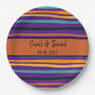 Modern Orange Purple Striped Halloween Wedding Paper Plate