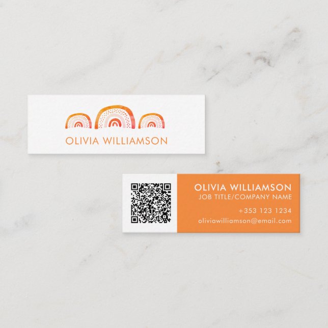 Modern Orange Rainbow Watercolour QR code Mini Business Card (Front/Back)