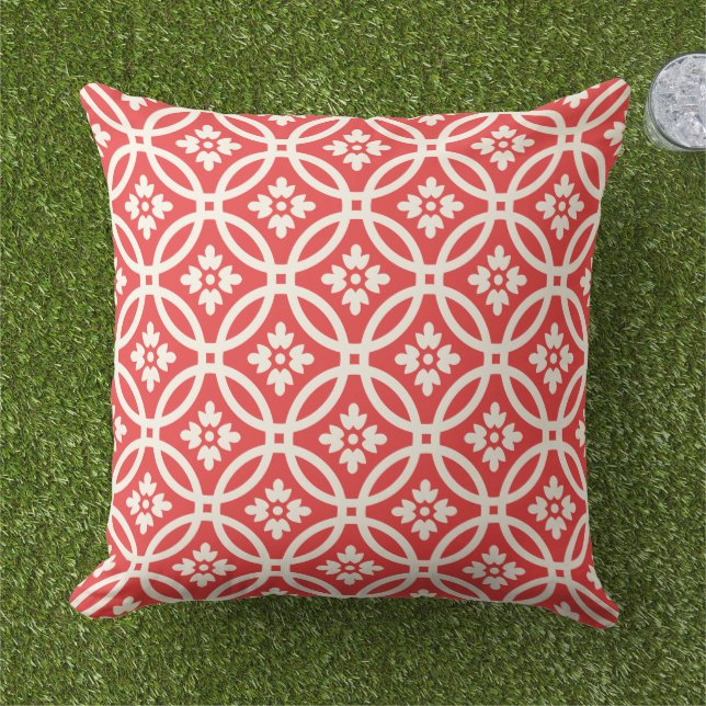 Modern Orange Red Floral Framework Pattern Outdoor Pillow (Grass)