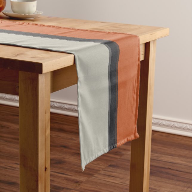 Modern Orange Red Navy Dark Grey Stripe Pattern Short Table Runner (In Situ)