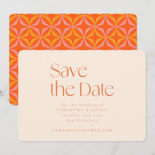 Modern Orange Retro Geometric Simple Wedding  Save The Date (Front/Back)