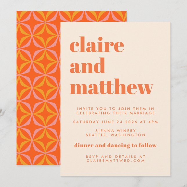 Modern Orange Retro Geometric Wedding All In One Invitation (Front/Back)