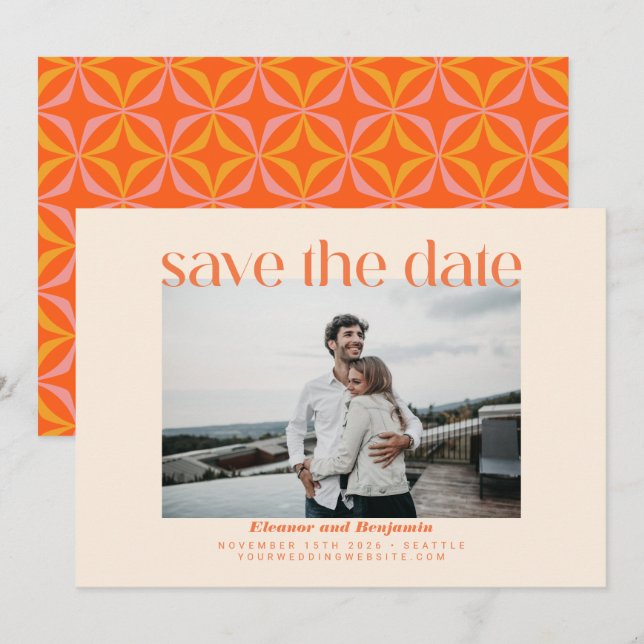Modern Orange Retro Typography Photo Wedding  Save The Date (Front/Back)