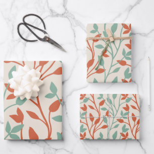 Modern Orange & Sage Botanical Vine Pattern Wrapping Paper Sheet