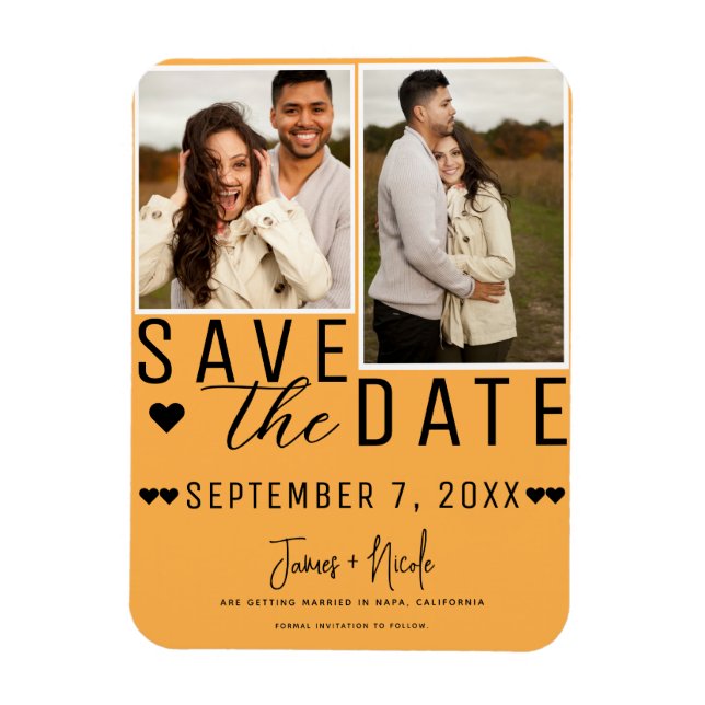 Modern Orange Save the Date 2 Photo Wedding Magnet (Vertical)