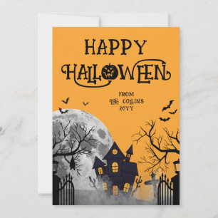 Modern Orange Spooky Haunted House Happy Halloween Holiday Card