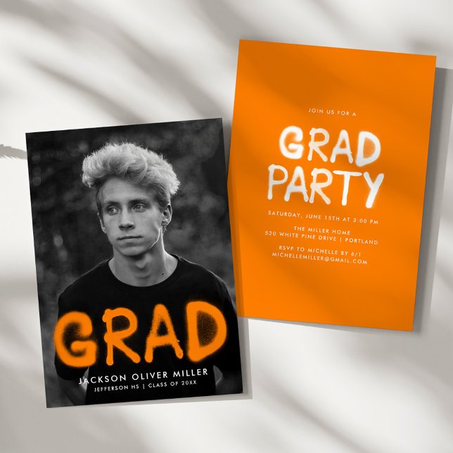 Modern Orange Spray Paint Photo Graduation Party Invitation (Creator Uploaded)