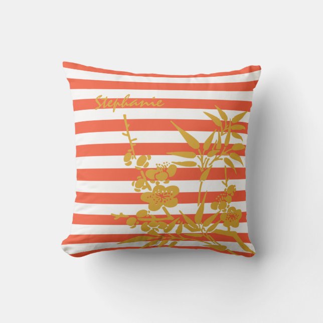 Modern Orange Stripes Gold Coloured Floral and Nam Throw Pillow (Front)