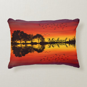 Modern Orange Sunset Guitarist Name Watercolor Accent Pillow