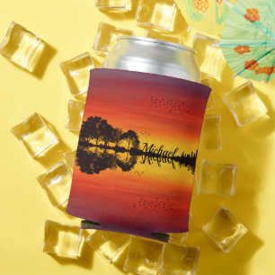 Modern Orange Sunset Guitarist Name Watercolor Can Cooler