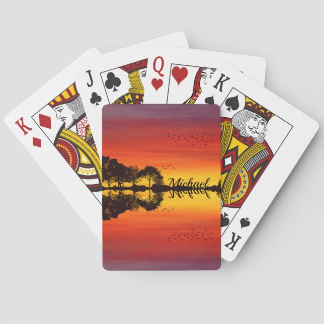 Modern Orange Sunset Guitarist Name Watercolor Playing Cards (Back)