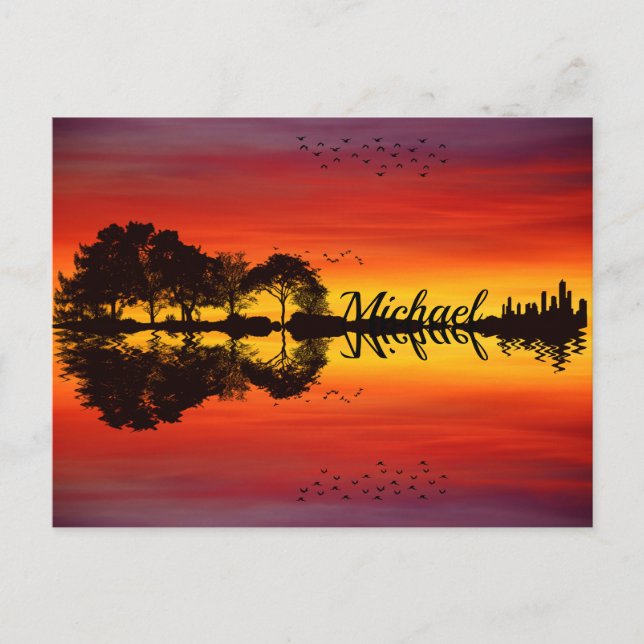 Modern Orange Sunset Guitarist Name Watercolor Postcard (Front)
