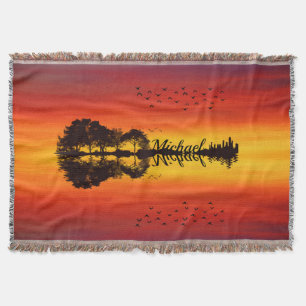 Modern Orange Sunset Guitarist Name Watercolor Throw Blanket