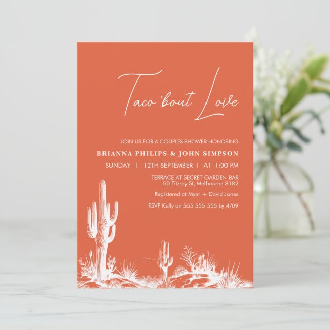 Modern Orange Taco 'Bout Love Couples Shower Invitation (Standing Front)