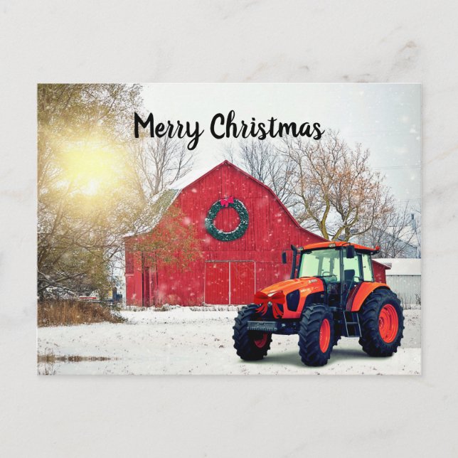  Modern Orange Tractor in Barnyard Christmas  Postcard (Front)