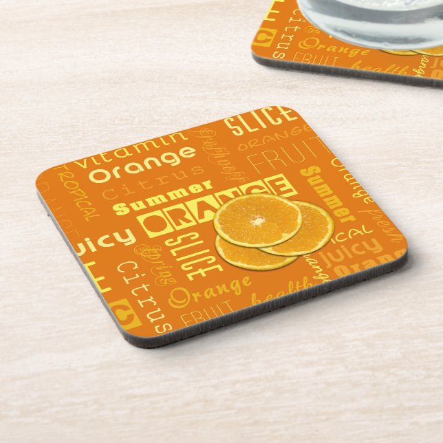 Modern Orange Typography Fruit Slice Coaster (Left Side)