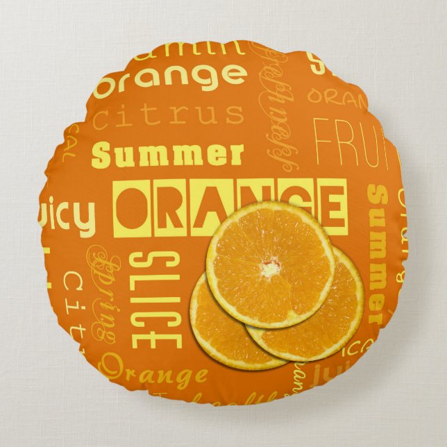 Modern Orange Typography Fruit Slice Round Pillow (Front)