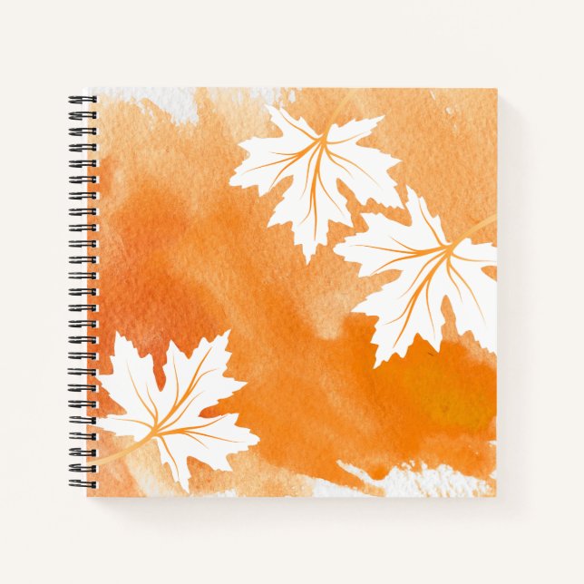Modern orange watercolor and white maple leaves notebook (Front)